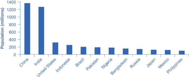 The graph shows the 12 countries of the world with the largest populations. The height of the bars in the bar graph shows the size of the population for each country.