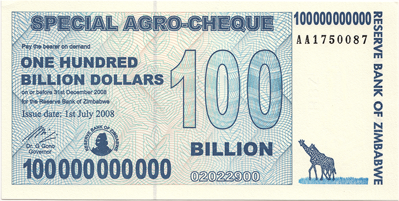 This bill was worth 100 billion Zimbabwean dollars when issued in 2008. There were even bills issued with a face value of 100 trillion Zimbabwean dollars. The bills had $100,000,000,000,000 written on them.