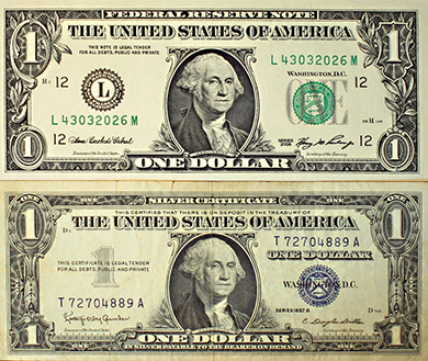 A Silver Certificate and a Modern U.S. Bill Until 1958, silver certificates were commodity-backed money—backed by silver, as indicated by the words “Silver Certificate” printed on the bill. Today, The Federal Reserve backs U.S. bills, but as fiat money (inconvertible paper money made legal tender by a government decree).