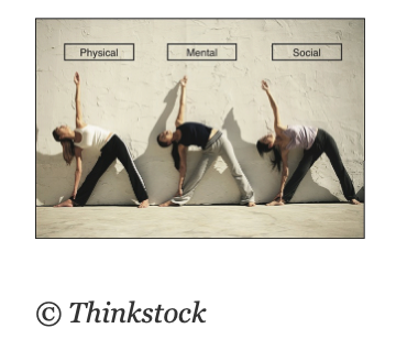 Photo of people bending to one side and touching the floor. Three boxes above them read: Physical, Mental, Social