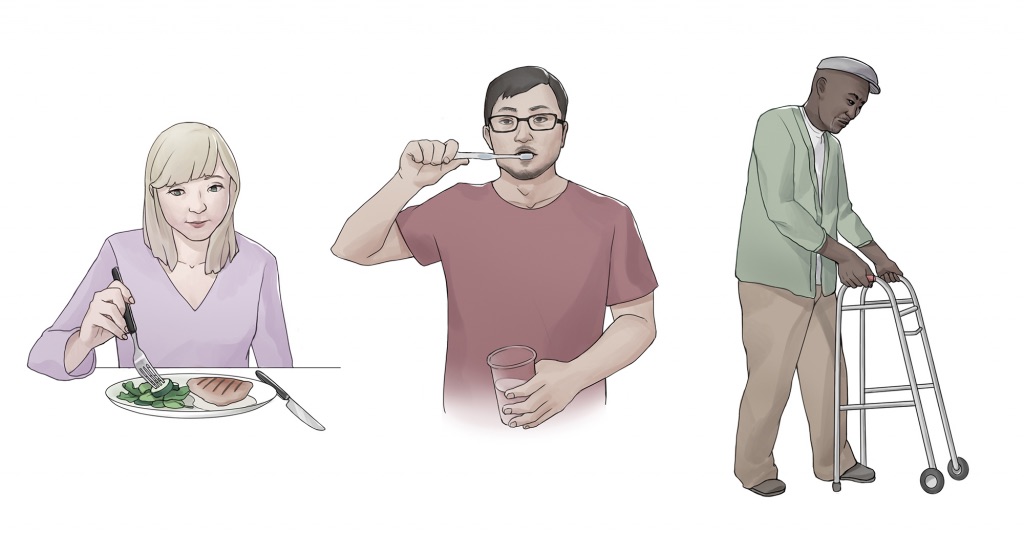 Illustration showing three people performing activities of daily living by eating, brushing teeth, and walking with assistance of walker