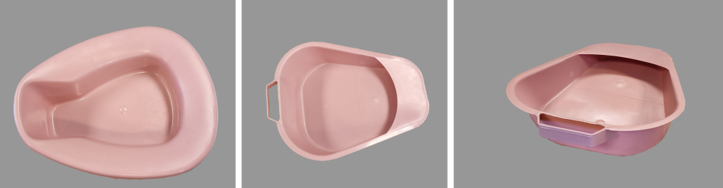 Images showing three views of a bedpan