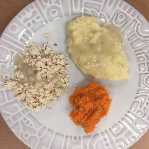 Photo showing a plate of food that has been altered to a mechanical soft texture