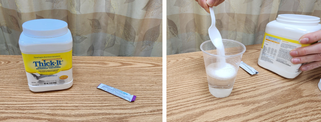 Photos showing thickening powder and the powder being mixed in water, to thicken the water