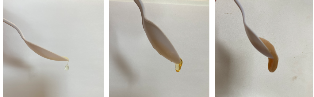 Photos of three spoons, each with a different consistency of liquid dripping off the end
