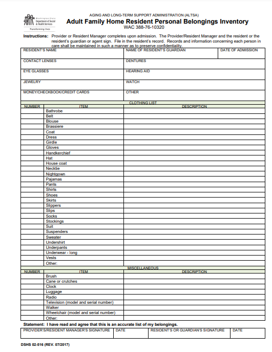 Image showing a Sample Resident Belonging Inventory