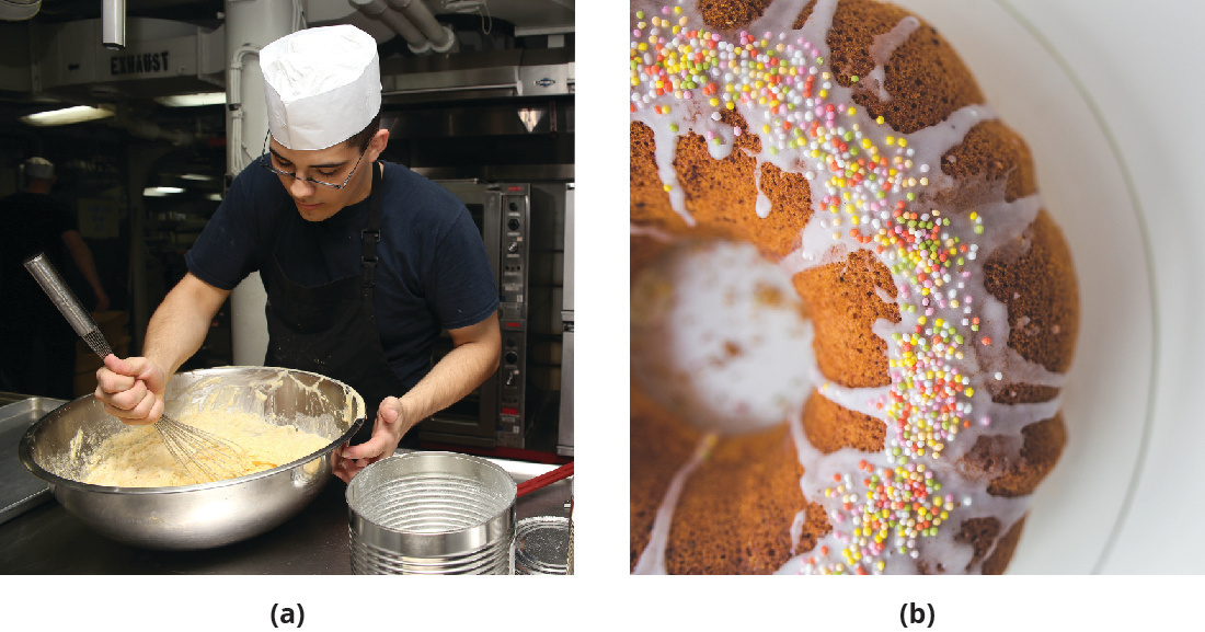 Two photos. Left photo of chef with a large mixing bowl mixing something. Right photo, finished bunt cake