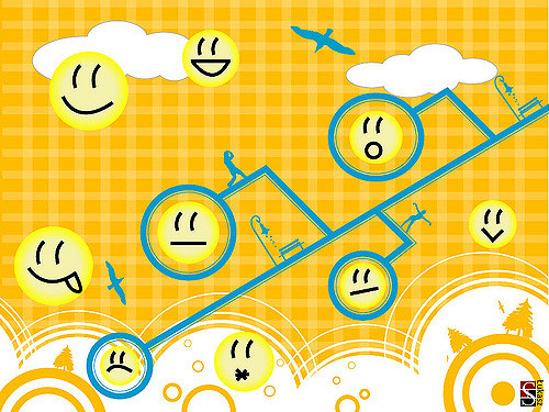 "The image features a bright, yellow, checkered background with various smiley faces displaying different emotions. The smiley faces are connected by blue lines forming a zigzag pattern that resembles a flowchart or decision tree. Some of the smiley faces are enclosed in blue circles. There are also white clouds and birds scattered across the background, adding to the whimsical nature of the image."
