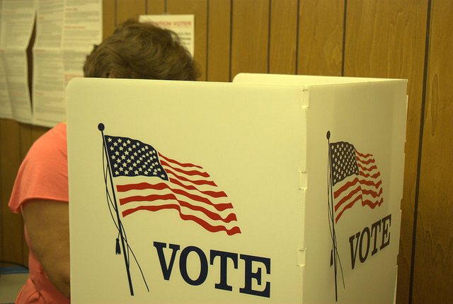 "A person is partially visible behind a voting booth that displays the word 'VOTE' and an image of the American flag. The booth is in a room with wood-paneled walls and informational posters on the wall in the background."