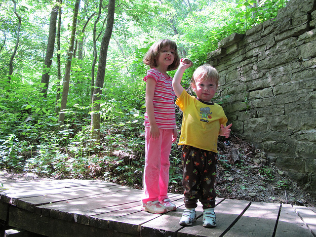 "Two children standing on a wooden bridge in a forested area. The child on the left wears a pink shirt and pink pants, and the child on the right wears a yellow shirt with a cartoon character and dark patterned pants. Greenery surrounds them, and an old stone wall is visible in the background."