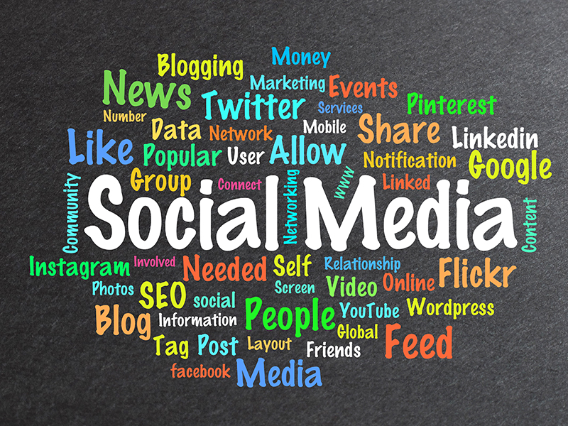 A colorful word cloud on a dark background with the phrase "Social Media" prominently displayed in large white letters at the center. Surrounding it are various related terms in different colors and fonts, including: Twitter, Instagram, Facebook, YouTube, Google, Linkedin, Pinterest, Blog, SEO, News, Share, Feed, Like, People, Blogging, Flickr, Events, Network, Video, WordPress, Data, Popular, and others