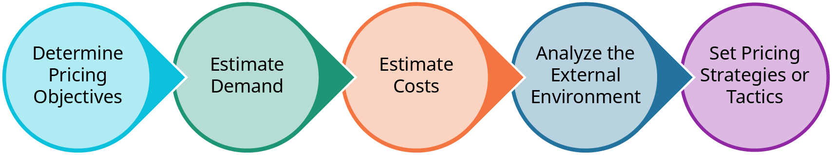 A horizontal flowchart illustrating the steps in pricing strategy. The diagram consists of five circular elements connected by arrows, each labeled with a step in the process. The steps are: 'Determine Pricing Objectives,' 'Estimate Demand,' 'Estimate Costs,' 'Analyze the External Environment,' and 'Set Pricing Strategies or Tactics.' Each step is represented in a different color, showing the sequential nature of pricing decisions.