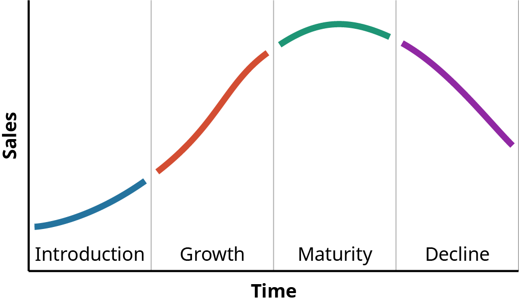 A line graph illustrating the Product Life Cycle with four stages: Introduction, Growth, Maturity, and Decline. The x-axis represents Time, and the y-axis represents Sales. The graph has four distinct colored segments: A blue upward curve in the Introduction stage, indicating slow initial sales growth. A red steep upward curve in the Growth stage, showing rapid sales increase. A green peak in the Maturity stage, representing the highest sales level and stabilization. A purple downward curve in the Decline stage, indicating a decrease in sales over time. The diagram visually represents how a product progresses through different life cycle phases from launch to eventual decline.