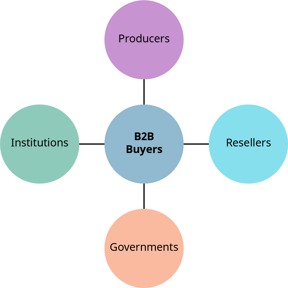 A diagram illustrating the categories of B2B (business-to-business) buyers. At the center, a blue circle labeled 'B2B Buyers' is connected to four surrounding circles. The top circle is purple and labeled 'Producers,' the right circle is light blue and labeled 'Resellers,' the bottom circle is orange and labeled 'Governments,' and the left circle is green and labeled 'Institutions.' The diagram visually represents the different types of buyers in the B2B market.