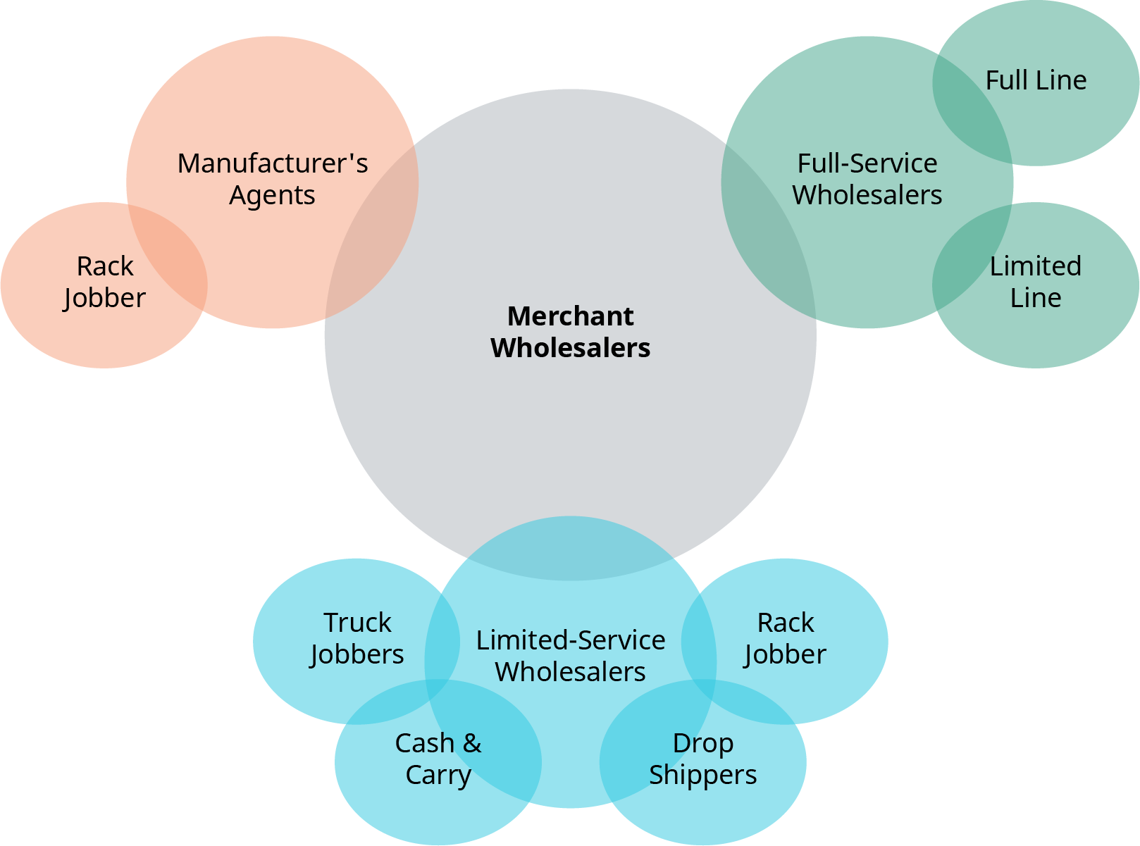 A diagram illustrating the types of merchant wholesalers, divided into three main categories represented by overlapping bubbles. In the center, a large gray bubble is labeled “Merchant Wholesalers.” Three groups branch out from this center: Top right green cluster: “Full-Service Wholesalers” with two subcategories — “Full Line” and “Limited Line.” Bottom blue cluster: “Limited-Service Wholesalers” with four subcategories — “Truck Jobbers,” “Cash & Carry,” “Drop Shippers,” and “Rack Jobber.” Top left orange cluster: “Manufacturer’s Agents” with a subcategory labeled “Rack Jobber.” “Rack Jobber” appears in both the limited-service wholesalers and manufacturer’s agents sections, indicating it overlaps both categories.