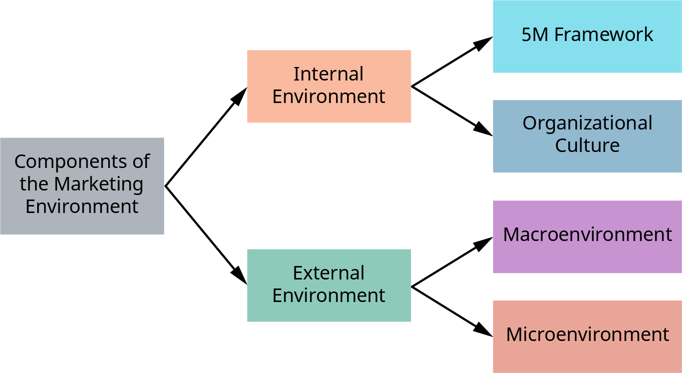 "A flowchart titled “Components of the Marketing Environment.” It branches into two main categories: Internal Environment (orange), which further leads to: 5M Framework (light blue) Organizational Culture (blue) External Environment (green), which further leads to: Macroenvironment (purple) Microenvironment (peach)"