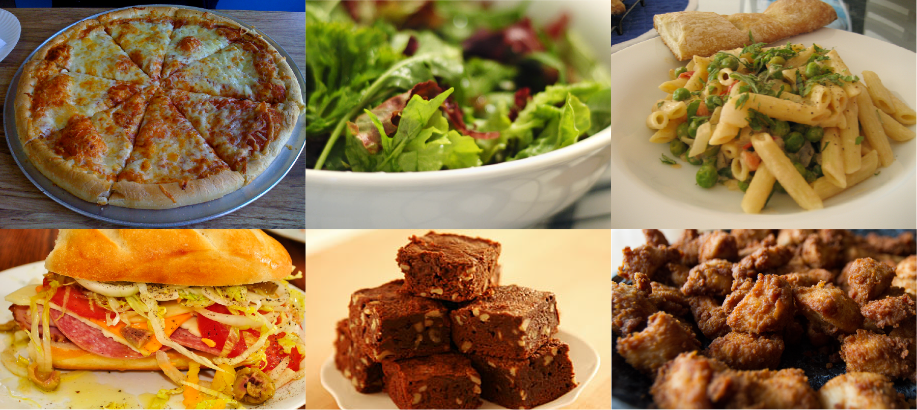A collage of six different food items arranged in a grid. The top row features a cheese pizza with a golden crust on a metal tray, a fresh green salad in a white bowl with mixed greens and red lettuce, and a plate of creamy pasta with vegetables, garnished with herbs and served with a bread roll. The bottom row includes a loaded sub sandwich filled with meats, cheese, lettuce, tomatoes, and olives on a toasted bun, a plate of chocolate brownies stacked with visible nuts, and crispy fried chicken bites with a golden-brown coating. The image showcases a variety of savory and sweet food items.