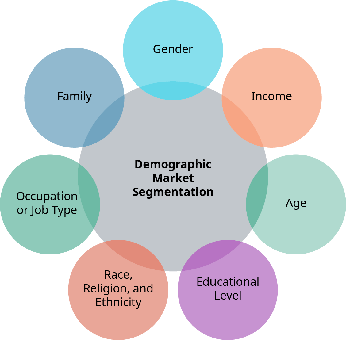 A diagram illustrating the components of Demographic Market Segmentation. At the center, a large gray circle is labeled 'Demographic Market Segmentation,' surrounded by seven smaller circles representing different demographic factors. The top circle is blue and labeled 'Gender,' the top right circle is orange and labeled 'Income,' the middle right circle is green and labeled 'Age,' the bottom right circle is purple and labeled 'Educational Level,' the bottom left circle is orange and labeled 'Race, Religion, and Ethnicity,' the middle left circle is green and labeled 'Occupation or Job Type,' and the top left circle is blue and labeled 'Family.' The diagram visually represents key factors influencing demographic market segmentation.