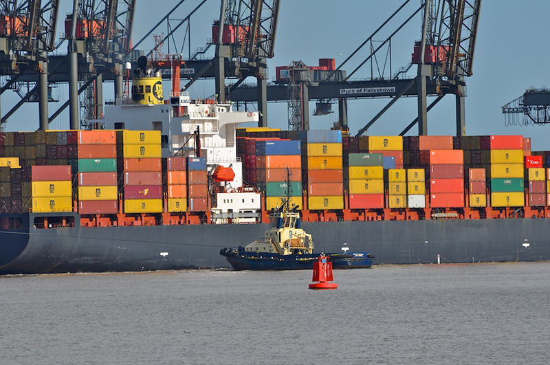A large container ship docked at a shipping port, loaded with numerous multicolored shipping containers stacked on its deck. Several large cranes are positioned in the background for loading and unloading cargo. A small tugboat is seen assisting the container ship in the water. A red buoy is floating in the foreground. The sign 'Port of Felixstowe' is visible in the background, indicating the location.