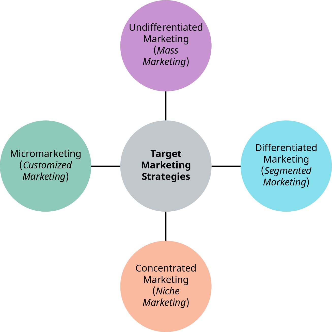 A diagram illustrating different Target Marketing Strategies. At the center, a gray circle is labeled 'Target Marketing Strategies,' connected to four surrounding circles. The top circle is purple and labeled 'Undifferentiated Marketing (Mass Marketing),' the right circle is blue and labeled 'Differentiated Marketing (Segmented Marketing),' the bottom circle is orange and labeled 'Concentrated Marketing (Niche Marketing),' and the left circle is green and labeled 'Micromarketing (Customized Marketing).' The diagram visually represents the different approaches to targeting markets.
