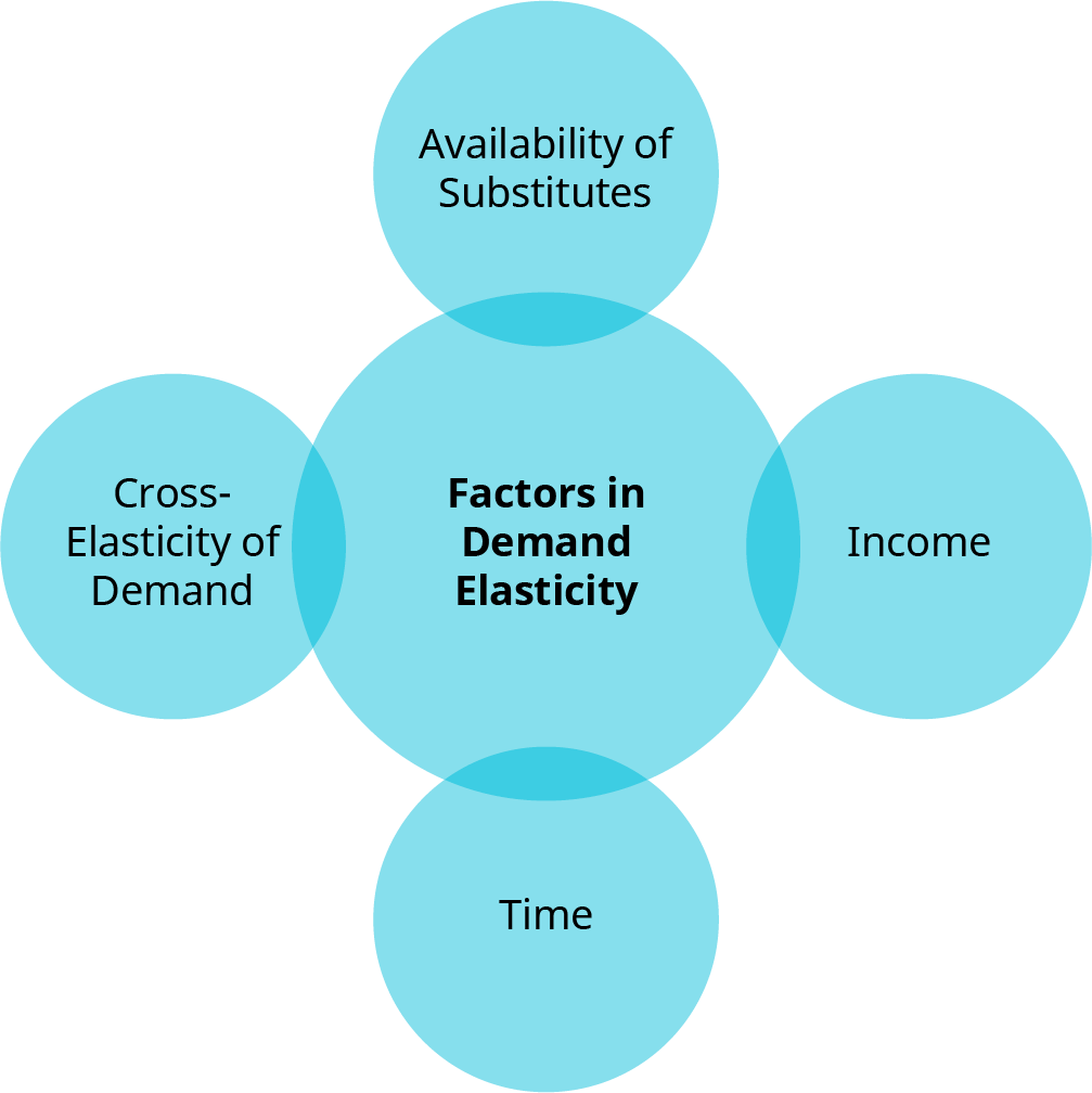 A Venn diagram with a central circle labeled 'Factors in Demand Elasticity,' surrounded by four outer circles labeled 'Availability of Substitutes,' 'Income,' 'Time,' and 'Cross-Elasticity of Demand