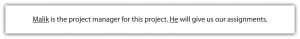 "A white rectangular box with a grey border contains the text: 'Malik is the project manager for this project. He will give us our assignments.'"