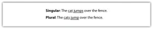 "The image shows two sentences demonstrating the difference between singular and plural forms. The first sentence labeled 'Singular' reads, 'The cat jumps over the fence.' The second sentence labeled 'Plural' reads, 'The cats jump over the fence.'"