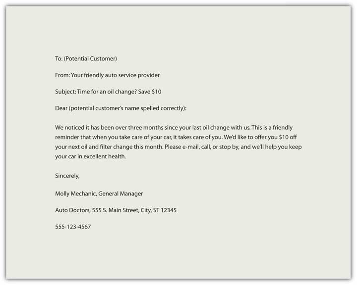 "An email from Auto Doctors offering a $10 discount on the next oil and filter change. It is addressed to a potential customer and signed by Molly Mechanic, General Manager. The letter encourages the recipient to maintain their vehicle and provides contact details for scheduling service."