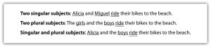 "The image contains three sentences demonstrating subject-verb agreement with singular and plural subjects. The first sentence reads, 'Two singular subjects: Alicia and Miguel ride their bikes to the beach.' The second sentence reads, 'Two plural subjects: The girls and the boys ride their bikes to the beach.' The third sentence reads, 'Singular and plural subjects: Alicia and the boys ride their bikes to the beach.'"