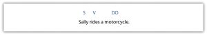 "A sentence diagram of 'Sally rides a motorcycle.' The word 'Sally' is labeled 'S' for subject, 'rides' is labeled 'V' for verb, and 'a motorcycle' is labeled 'DO' for direct object."