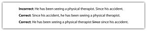 "The image compares sentences to illustrate correct and incorrect grammar usage. The first sentence is labeled 'Incorrect' and reads, 'He has been seeing a physical therapist. Since his accident.' The second sentence is labeled 'Correct' and reads, 'Since his accident, he has been seeing a physical therapist.' The third sentence is also labeled 'Correct' and reads, 'He has been seeing a physical therapist since his accident.'"