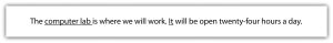 "A rectangular box with a grey border contains the text: 'The computer lab is where we will work. It will be open twenty-four hours a day.'"