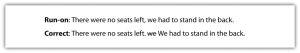 "The image shows a comparison between a run-on sentence and its corrected version. The run-on sentence reads, 'There were no seats left, we had to stand in the back.' The corrected version reads, 'There were no seats left. We had to stand in the back.'"