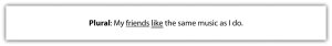 "A sentence is displayed in a rectangular box with a white background and black border. The sentence reads, 'Plural: My friends like the same music as I do.' The word 'friends' is underlined."