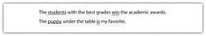 "The image shows two sentences with a blank space in each sentence. The sentences are: 'The students with the best grades win the academic awards.' and 'The puppy under the table is my favorite.'"
