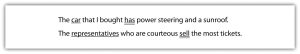 "The image displays two sentences. The first sentence reads, 'The car that I bought has power steering and a sunroof.' The second sentence reads, 'The representatives who are courteous get the most tickets.'"