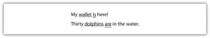 "The image shows a white rectangular box with two lines of text in the center. The first line reads, 'My wallet is here!' and the second line reads, 'Thirty dolphins are in the water.'"