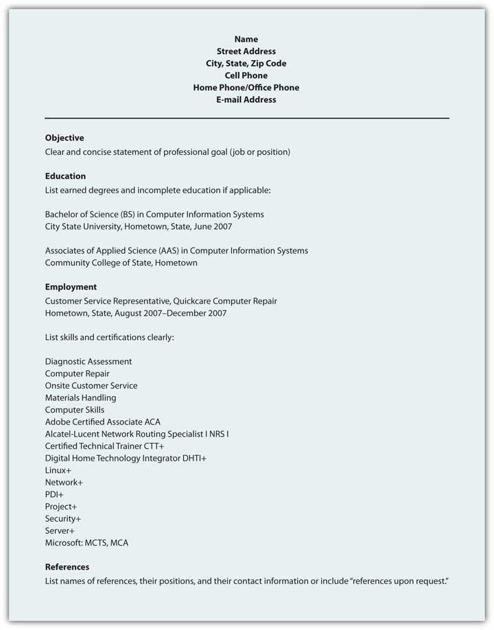 "A resume template featuring sections for name, address, contact information, objective, qualification highlights, professional skills, employment history, education, and references. It includes placeholders for personal and job-related details."