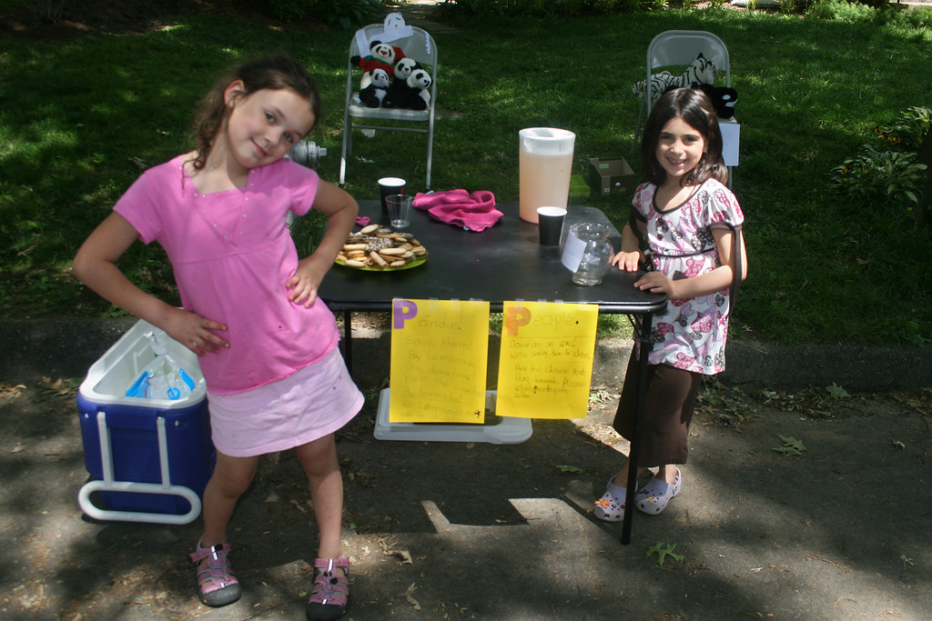 Two young girls posing next to a set up lemonade stand.