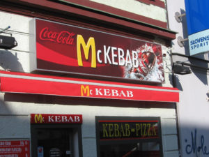 Photo of the storefront of a McKebab where the 'M' is similar to the one that is recognized for McDonalds.
