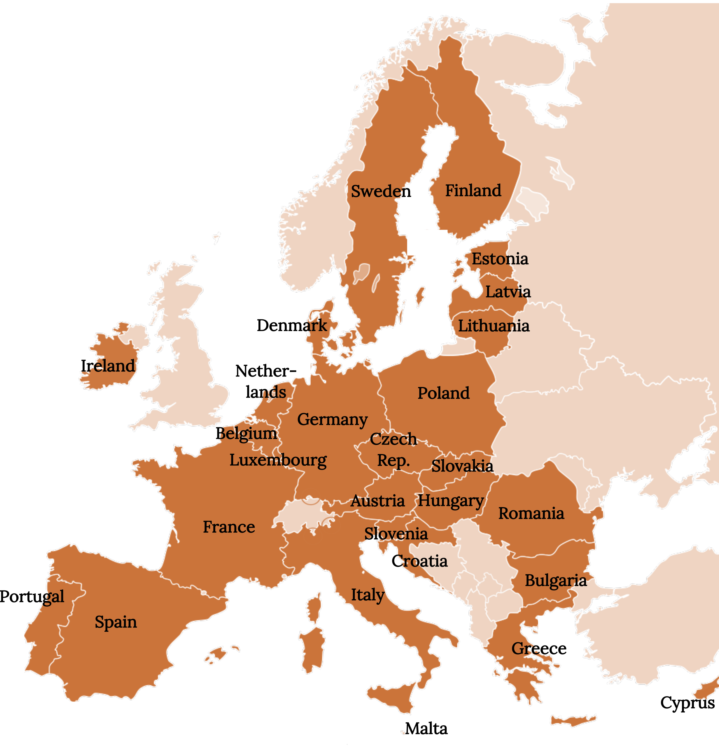 A map of Europe, with countries within the European Union highlighted in burnt orange. These countries include: Austria, Italy, Belgium, Latvia, Bulgaria, Lithuania, Croatia, Luxembourg, Cyprus, Malta, Czechia, Netherlands, Denmark, Poland, Estonia, Portugal, Finland, Romania, France, Slovakia, Germany, Slovenia, Greece, Spain, Hungary, Sweden, and Ireland.
