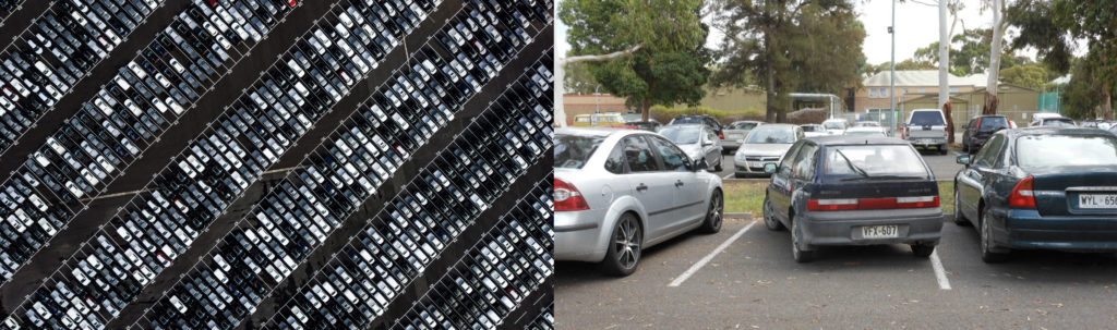 Two images side by side. The left images is of a parking lot that has implemented parking controls and all cars appear to be perfectly parked. The right image is several cars in an uncontrolled lot. One of the cars is parked crooked. 